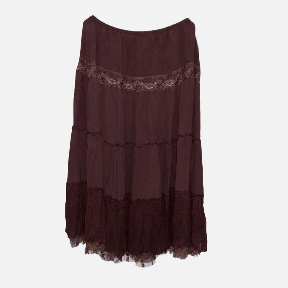 Paradise NY Brown Maxi Sequin and Beaded Tiered Skirt W/ Lace Hem